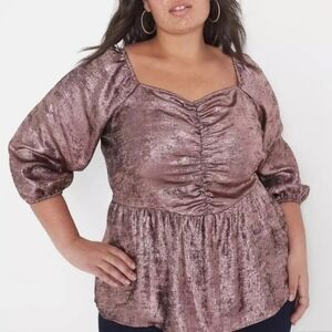 Lane Bryant Classic Square-Neck Metallic Shirred-Front Top Bronze Rose Gold 18